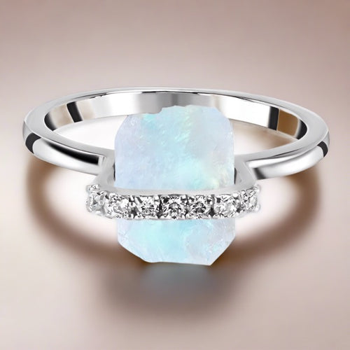 Raw Rainbow Moonstone Ring 925 Silver